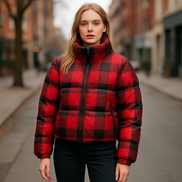 NWOT Old Navy Water-Resistant Frost Free Short Puffer Jacket Buffalo Plaid - Picture 1 of 12